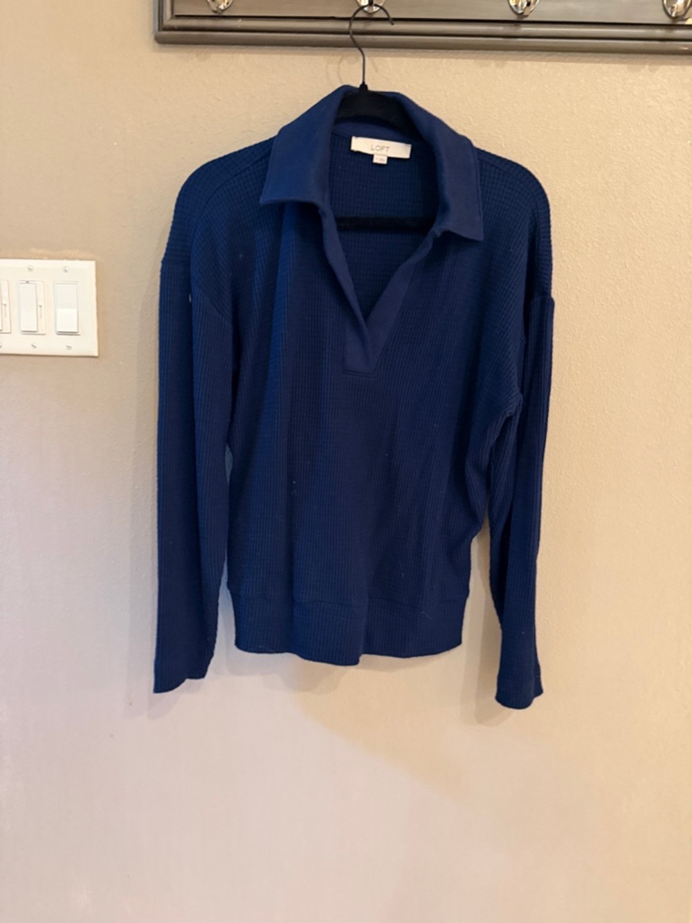 LOFT Deep Navy V-Neck Collared Waffle Knit Sweater